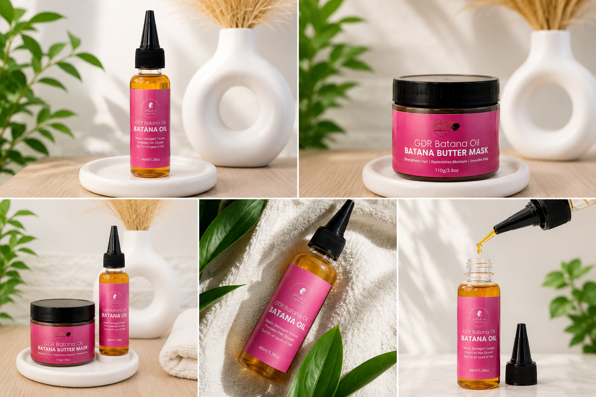 A six-panel collage showing skincare products: a serum bottle, a jar of banana butter mask, and a dropper bottle with serum being poured. The products have pink labels, black caps, and amber-colored liquid inside clear bottles, displayed on white ceramic stands with white towels and green leaves in a bright, clean setting.