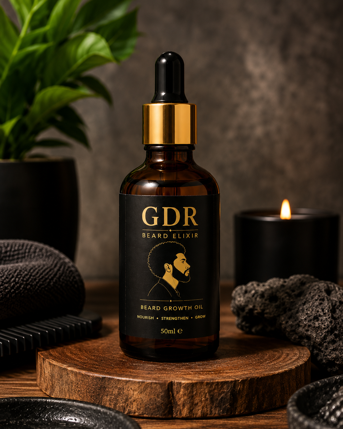 A 50ml bottle of GDR Beard Elixir beard growth oil, featuring an amber glass bottle, black dropper cap, and gold collar, displayed on a wooden slice with a black candle, stone, and plant in the background.