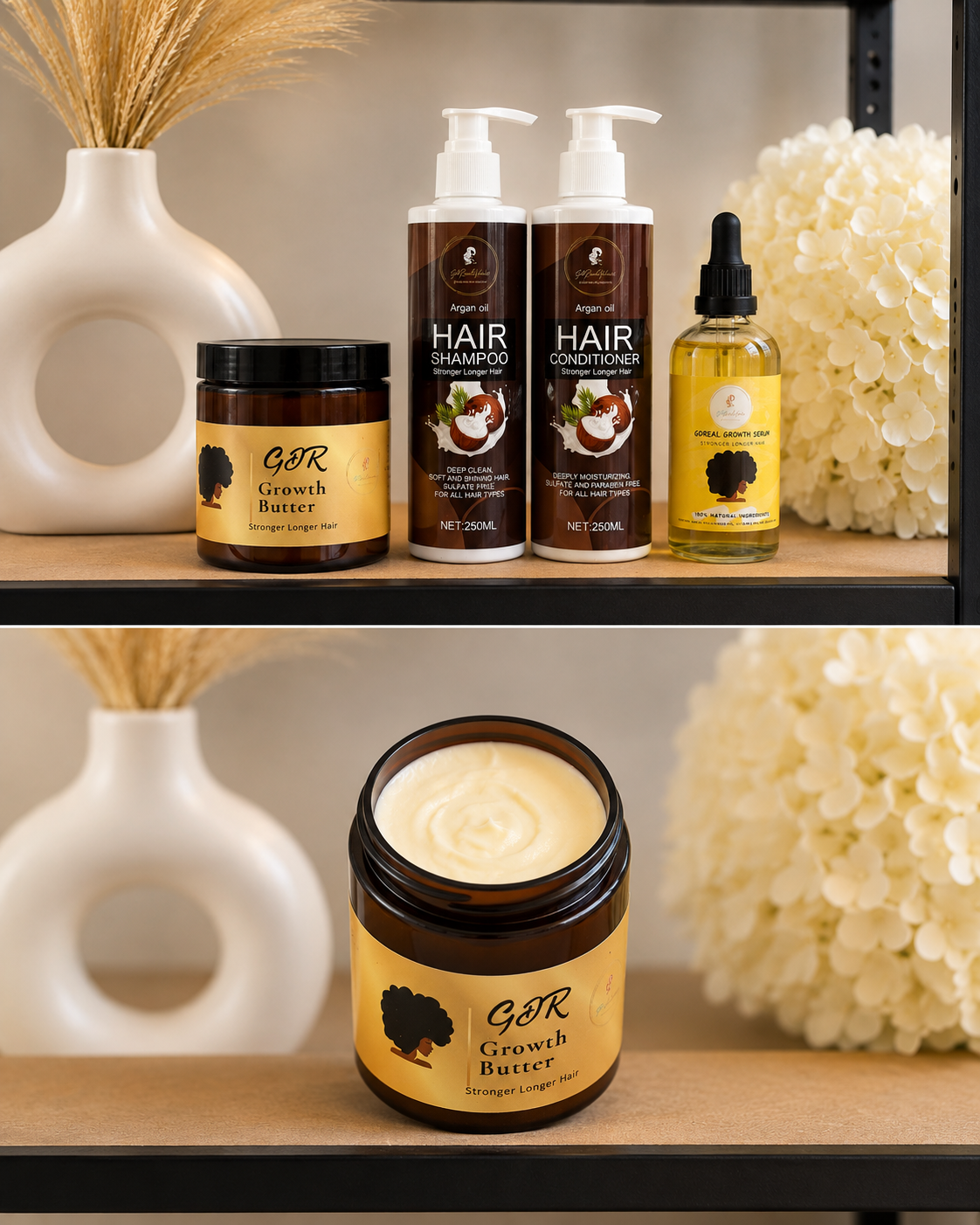 A set of hair care products from GDR Hair Care arranged on a shelf, including a Growth Butter jar, a pump bottle of Hair Shampoo, a pump bottle of Hair Conditioner, and a small dropper bottle of Oil. The products are styled with decorative white vases and dried grass against a neutral background.