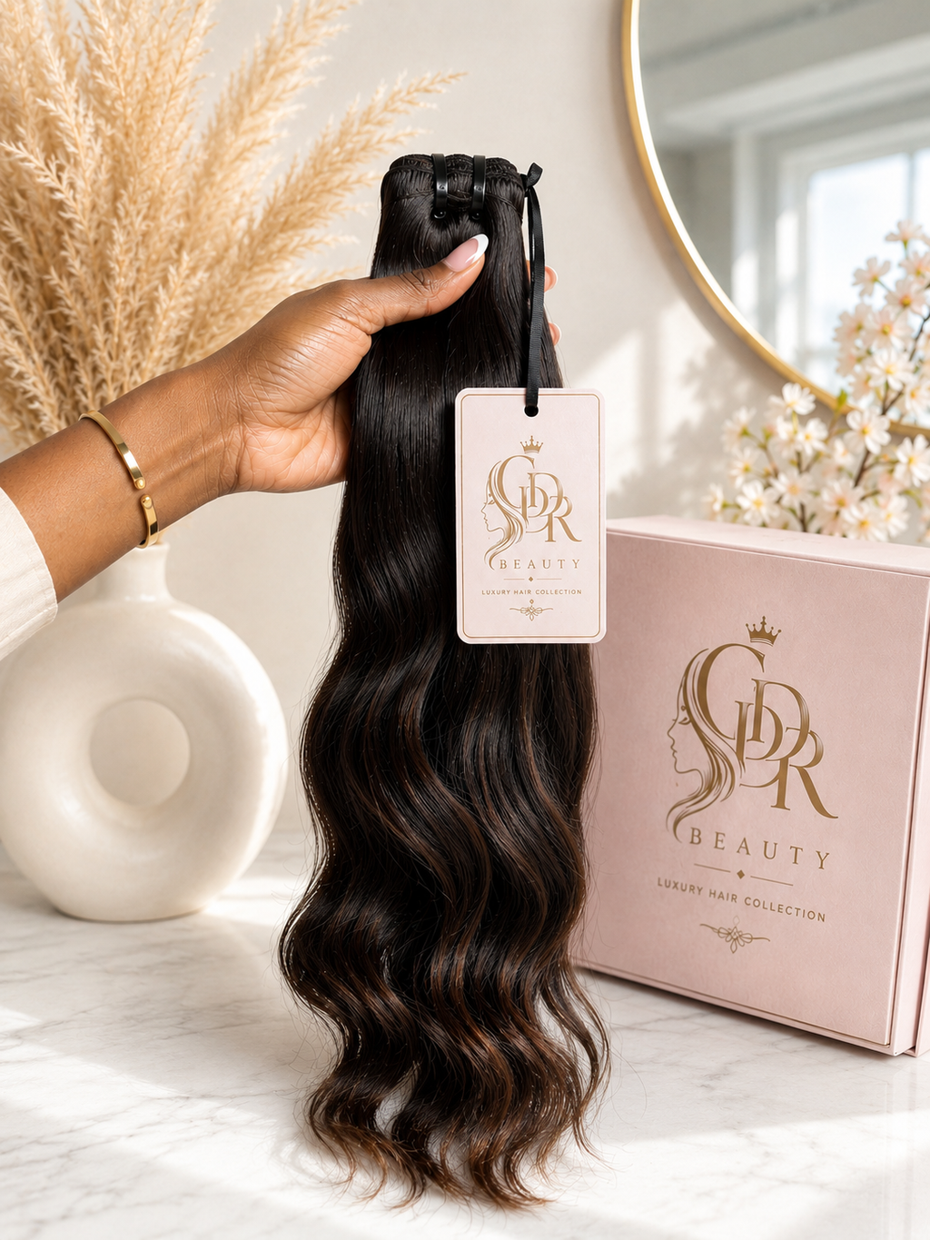 A hand holds a bundle of long, dark brown wavy hair extensions with a pink tag, next to a pink hair box and decorative dried grass in a bright indoor setting.